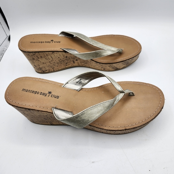 Montego Bay Club Metallic and Tan Cork Wedge Sandals Sz 9 - Picture 2 of 5